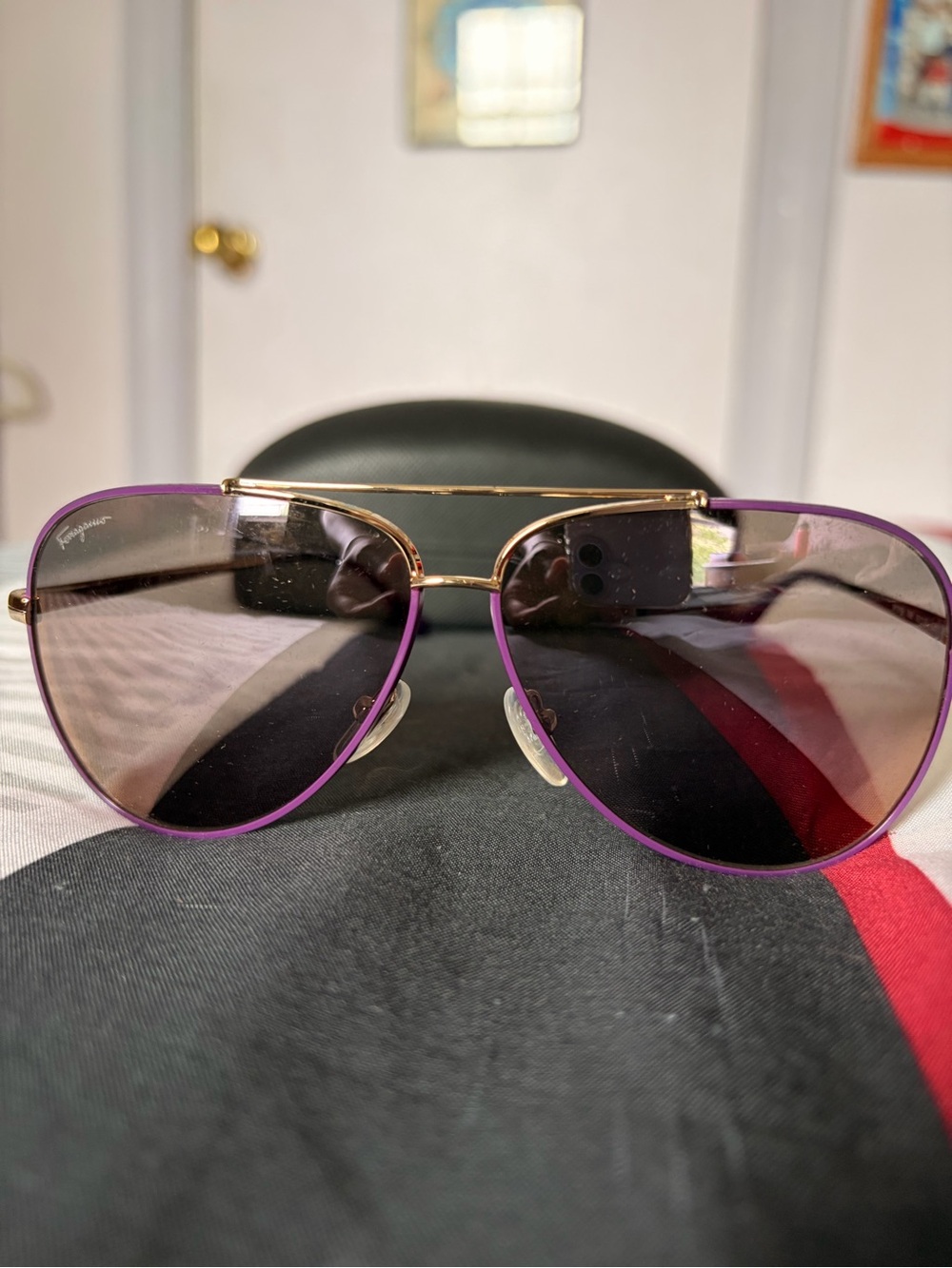 Salvatore Ferragamo Gold Metal Aviator Sunglasses with Purple Trim